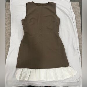Brown Sleeveless Dress with White Pleated Hem